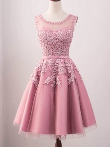 Inexpensive Pink A-line Tulle Scoop Sleeveless Lace Knee Length Lace Up Dama Dress for Quinceanera