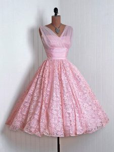 Mini Length Baby Pink Dama Dress for Quinceanera V-neck Sleeveless Lace Up
