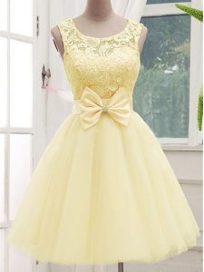Spectacular Sleeveless Knee Length Lace and Bowknot Lace Up Court Dresses for Sweet 16 with Light Yellow