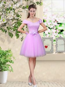 Attractive Knee Length Lilac Quinceanera Court of Honor Dress V-neck Cap Sleeves Lace Up