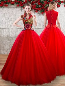 Wonderful Red Lace Up High-neck Appliques Vestidos de Quinceanera Organza Short Sleeves