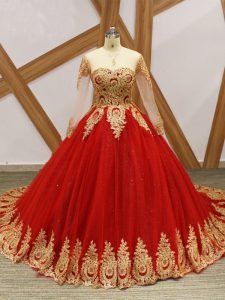 Fantastic Wine Red Lace Up Ball Gown Prom Dress Beading and Appliques Long Sleeves Court Train