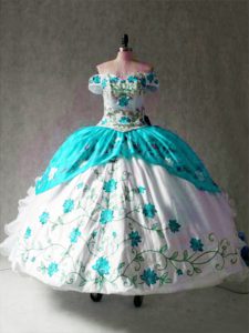 Suitable Cap Sleeves Floor Length Embroidery and Ruffles Lace Up Sweet 16 Quinceanera Dress with Multi-color