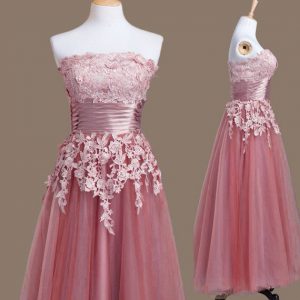 Pink Empire Appliques Dama Dress Lace Up Tulle Sleeveless Tea Length