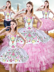 Modest Ball Gowns 15 Quinceanera Dress Rose Pink Sweetheart Organza and Taffeta Sleeveless Floor Length Lace Up