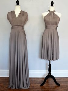 Charming Grey Empire Halter Top Sleeveless Chiffon Floor Length Lace Up Ruching Vestidos de Damas