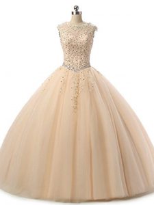 Floor Length Lace Up Ball Gown Prom Dress Champagne for Military Ball and Sweet 16 and Quinceanera with Beading and Lace