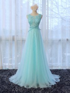 Lace and Bowknot Court Dresses for Sweet 16 Apple Green Zipper Sleeveless Brush Train