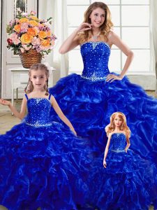 Sweet Royal Blue Organza Lace Up Strapless Sleeveless Floor Length Quinceanera Gowns Beading and Ruffles