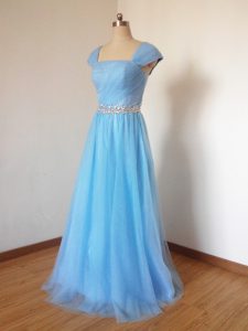 Traditional Baby Blue Empire Square Cap Sleeves Tulle Floor Length Zipper Beading Damas Dress