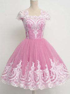 Fine Rose Pink A-line Tulle Square Cap Sleeves Lace Knee Length Zipper Court Dresses for Sweet 16