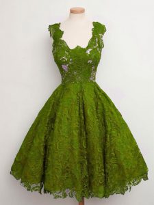 Customized Straps Sleeveless Lace Up Damas Dress Olive Green Lace