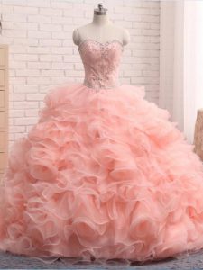 Traditional Pink Organza Zipper Sweet 16 Dresses Sleeveless Floor Length Beading and Ruffles