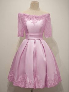 Chic Lilac Lace Up Dama Dress for Quinceanera Lace Half Sleeves Knee Length