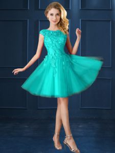 Affordable Turquoise A-line Tulle Bateau Cap Sleeves Lace and Belt Knee Length Lace Up Dama Dress