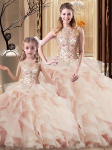 Sweet Peach Scoop Lace Up Beading and Ruffles Ball Gown Prom Dress Brush Train Sleeveless