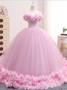 Decent Baby Pink Off The Shoulder Neckline Hand Made Flower 15 Quinceanera Dress Sleeveless Lace Up