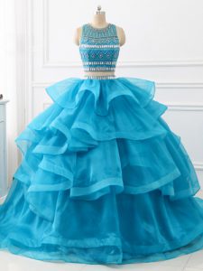 Discount Baby Blue Sleeveless Beading and Ruffles Backless 15 Quinceanera Dress