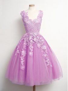 Perfect Lilac Lace Up Court Dresses for Sweet 16 Appliques Sleeveless Knee Length