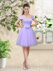 Dazzling Lilac A-line Lace and Belt Vestidos de Damas Lace Up Tulle Cap Sleeves Knee Length
