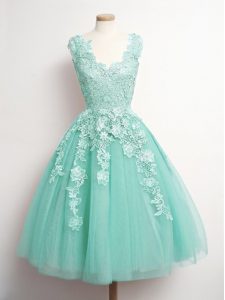 Sleeveless Knee Length Appliques Lace Up Quinceanera Court Dresses with Aqua Blue
