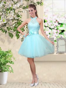 Popular Sleeveless Tulle Knee Length Lace Up Dama Dress in Aqua Blue with Lace and Belt