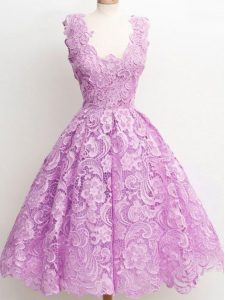 Classical Lilac Lace Zipper Damas Dress Sleeveless Knee Length Lace