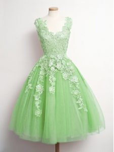 On Sale Yellow Green Lace Up V-neck Appliques Quinceanera Court Dresses Tulle Sleeveless
