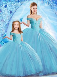 Hot Sale Baby Blue Off The Shoulder Lace Up Beading Ball Gown Prom Dress Sweep Train Sleeveless