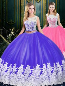 Ball Gowns 15th Birthday Dress Blue And White Scoop Tulle Sleeveless Floor Length Clasp Handle