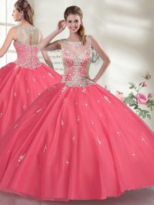Sleeveless Floor Length Beading Zipper 15th Birthday Dress with Hot Pink