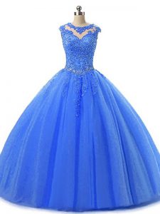 Blue Tulle Lace Up Sweet 16 Dresses Sleeveless Floor Length Beading and Lace