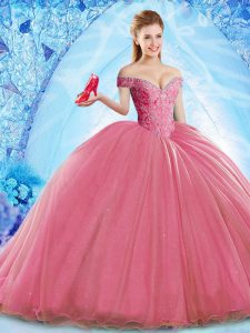 Suitable Coral Red Sweet 16 Quinceanera Dress Organza Brush Train Sleeveless Beading