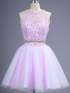 Lilac Sleeveless Tulle Lace Up Damas Dress for Prom and Party and Wedding Party