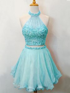 Customized Sleeveless Knee Length Beading Lace Up Court Dresses for Sweet 16 with Aqua Blue