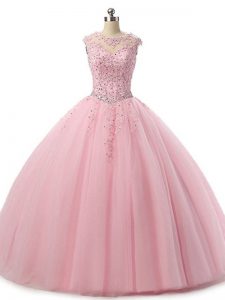 Glorious Baby Pink Sleeveless Beading and Lace Floor Length Quinceanera Dress