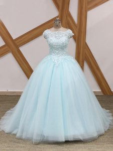 Colorful Light Blue 15th Birthday Dress Military Ball and Sweet 16 and Quinceanera with Beading and Lace Scoop Sleeveless Brush Train Zipper