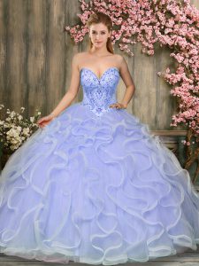 Sweet Lavender Lace Up Sweetheart Beading and Ruffles Quinceanera Dress Tulle Sleeveless