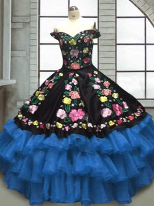 Floor Length Lace Up Quinceanera Dress Blue And Black for Military Ball and Sweet 16 and Quinceanera with Embroidery and Ruffled Layers