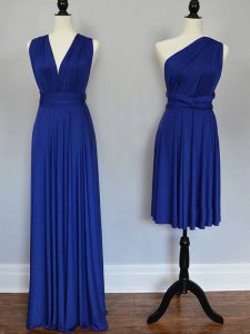 Sleeveless Floor Length Ruching Lace Up Vestidos de Damas with Royal Blue