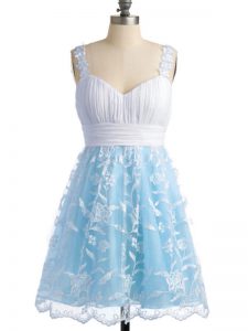 Sleeveless Knee Length Lace Lace Up Court Dresses for Sweet 16 with Light Blue