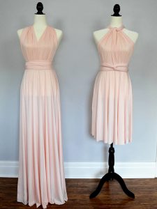 Vintage Baby Pink and Peach Chiffon Lace Up Vestidos de Damas Sleeveless Floor Length Ruching