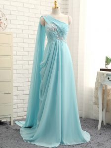 Fantastic Aqua Blue Sleeveless Chiffon Brush Train Zipper Quinceanera Court Dresses for Prom and Party and Wedding Party