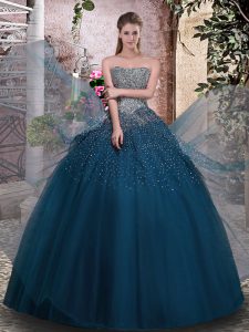 Strapless Sleeveless Quince Ball Gowns Floor Length Beading Teal Tulle