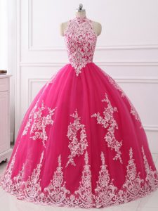 Flirting Hot Pink Ball Gowns Lace Sweet 16 Dresses Zipper Tulle Sleeveless Floor Length