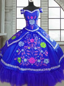 Blue Ball Gowns Off The Shoulder Short Sleeves Taffeta Floor Length Lace Up Beading and Embroidery Quinceanera Gown