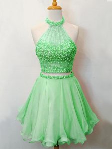 Fabulous Halter Top Sleeveless Court Dresses for Sweet 16 Knee Length Beading Green Organza