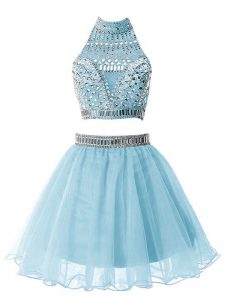Designer Knee Length Zipper Quinceanera Dama Dress Light Blue for Party and Wedding Party with Beading