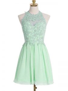 Sweet Sleeveless Chiffon Knee Length Lace Up Dama Dress for Quinceanera in Apple Green with Appliques