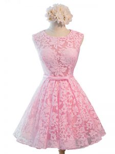 Glorious A-line Dama Dress for Quinceanera Baby Pink Scoop Lace Sleeveless Knee Length Lace Up
